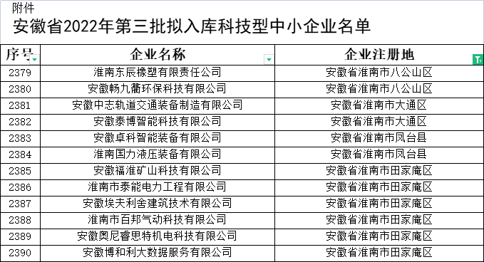 淮南市科技型中小企業(yè)名單